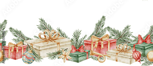 Watercolor seamless border with Christmas presents, ribbons, and pine branches. Illustration of ornament with gift boxes with bows for Xmas invitations or New Year greeting cards. Art for frame.