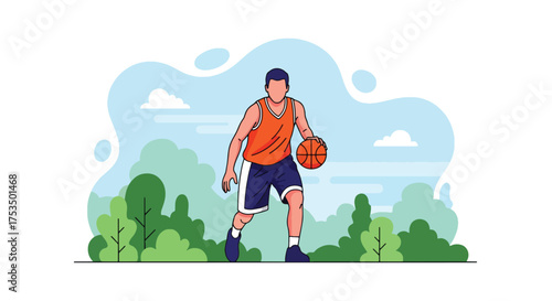 Flat style illustration of a man playing basketball outdoors, dribbling the ball with focus and energy, symbolizing fitness, determination, and an active sports lifestyle