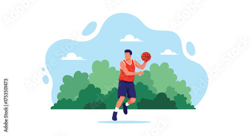 Flat style illustration of a man playing basketball outdoors, dribbling the ball with focus and energy, symbolizing fitness, determination, and an active sports lifestyle