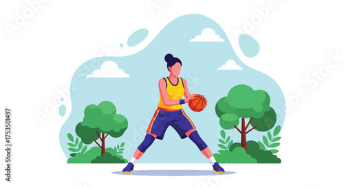 Flat style illustration of a woman playing basketball outdoors, dribbling the ball with focus and energy, representing fitness, determination, and an active lifestyle