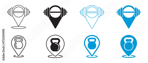 Gym Location Pins Fitness Center Markers with Dumbbell and Kettlebell Icons, vector illustration