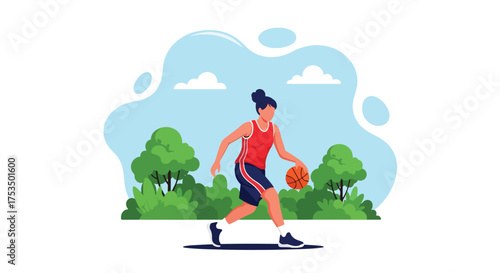 Flat style illustration of a woman playing basketball outdoors, dribbling the ball with focus and energy, representing fitness, determination, and an active lifestyle