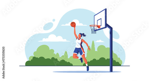 Flat style illustration of a woman playing basketball outdoors, jumping to make a shot at the hoop, representing energy, determination, and athletic skill in sports