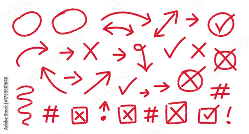 Collection of red hand drawn sketch symbols and arrows on black background check mark cross