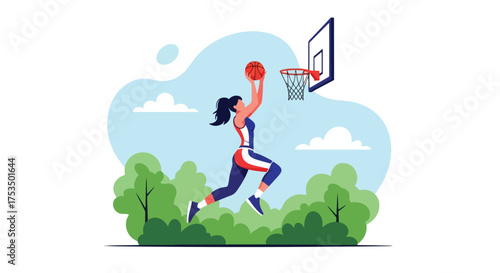 Flat style illustration of a woman playing basketball outdoors, jumping to make a shot at the hoop, representing energy, determination, and athletic skill in sports