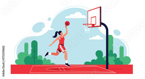 Flat style illustration of a woman playing basketball outdoors, jumping to make a shot at the hoop, representing energy, determination, and athletic skill in sports