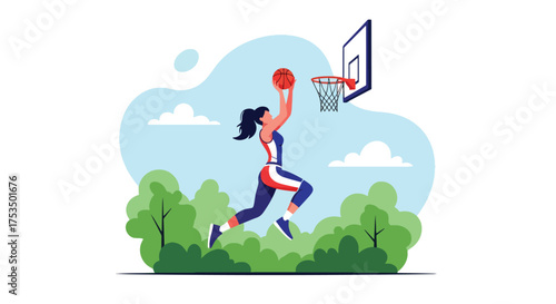Flat style illustration of a woman playing basketball outdoors, jumping to make a shot at the hoop, representing energy, determination, and athletic skill in sports