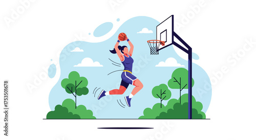 Flat style illustration of a woman playing basketball outdoors, jumping to make a shot at the hoop, representing energy, determination, and athletic skill in sports
