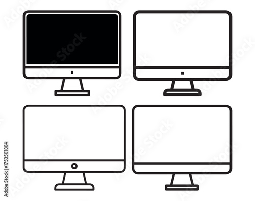 Minimalist black outline icons of desktop computer monitors. Flat vector design showing different monitor shapes and screens, perfect for UI, UX, web, app, and infographic design use.