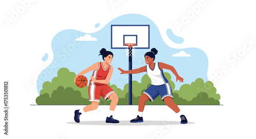 Flat style illustration of two women playing basketball outdoors, showing energy, focus, and teamwork during an intense game on a sunny day at the sports court