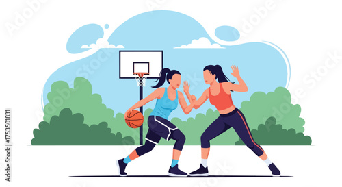 Flat style illustration of two women playing basketball outdoors, showing energy, focus, and teamwork during an intense game on a sunny day at the sports court
