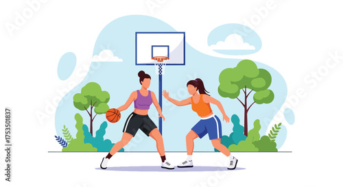 Flat style illustration of two women playing basketball outdoors, showing energy, focus, and teamwork during an intense game on a sunny day at the sports court