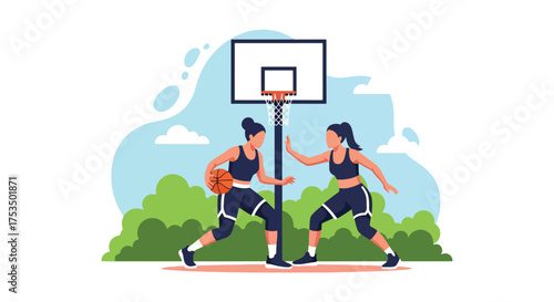 Flat style illustration of two women playing basketball outdoors, showing energy, focus, and teamwork during an intense game on a sunny day at the sports court