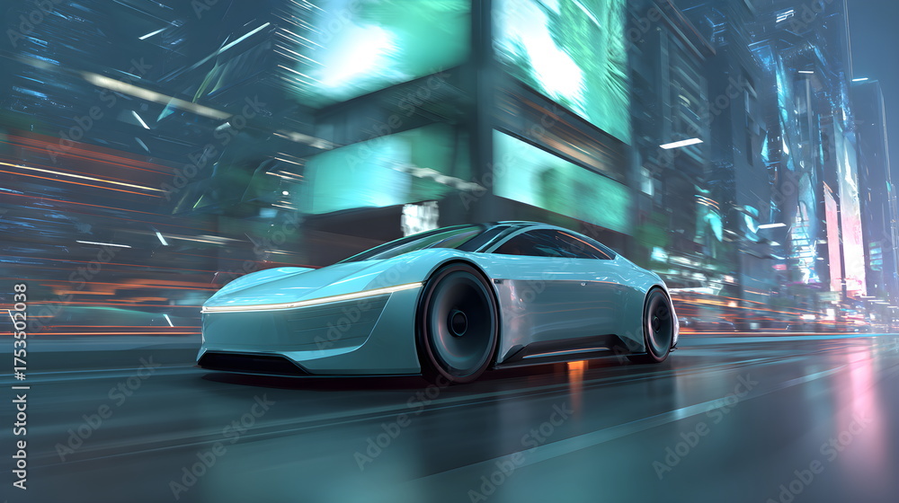 Naklejka premium High-tech autonomous electric car in futuristic sustainable city environment