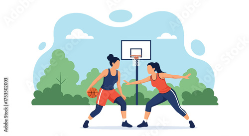 Flat style illustration of two women playing basketball outdoors, showing energy, focus, and teamwork during an intense game on a sunny day at the sports court