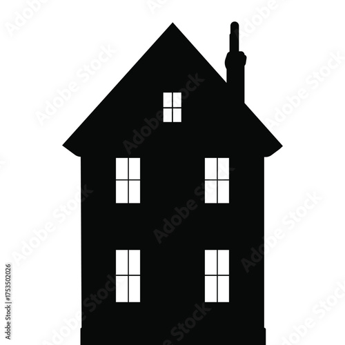Black silhouette of a house with windows and chimney, representing home, architecture, real estate, or construction concept.