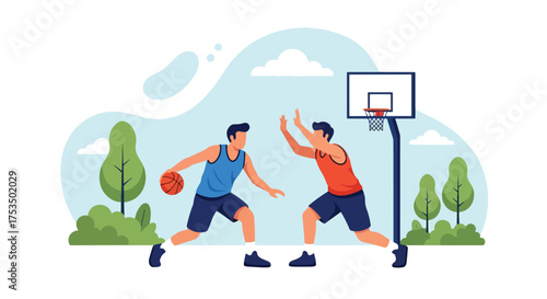 Flat style illustration of two men playing basketball outdoors, showing teamwork, competition, and fitness on a sunny day in a park or sports court setting