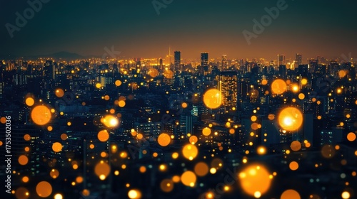 Glistening golden bokeh lights floating over a sprawling urban cityscape at night, creating a magical and abstract metropolitan background