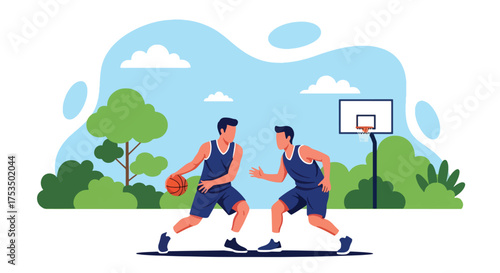 Flat style illustration of two men playing basketball outdoors, showing teamwork, competition, and fitness on a sunny day in a park or sports court setting