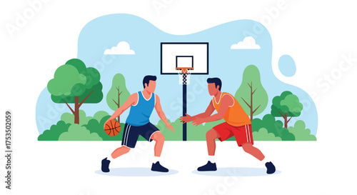 Flat style illustration of two men playing basketball outdoors, showing teamwork, competition, and fitness on a sunny day in a park or sports court setting