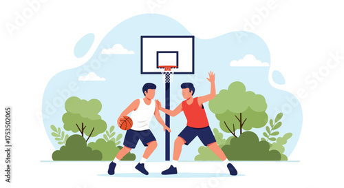 Flat style illustration of two men playing basketball outdoors, showing teamwork, competition, and fitness on a sunny day in a park or sports court setting