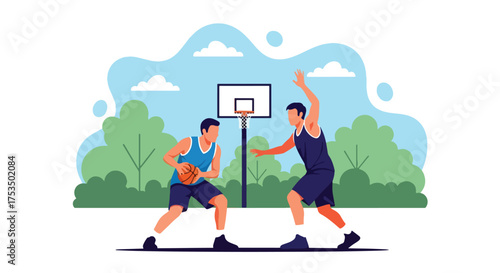 Flat style illustration of two men playing basketball outdoors, showing teamwork, competition, and fitness on a sunny day in a park or sports court setting