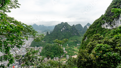 Xingping Ancient Town and karst mountains panorama