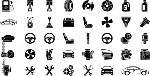 Vector art of collection of car parts and automotive icons