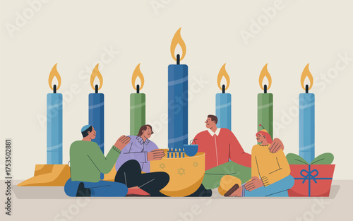 Happy hanukkah celebration with family gathering around menorah and gifts