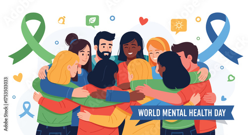 Flat illustration of diverse people embracing for World Mental Health Day, promoting unity, compassion, support, for global mental health awareness