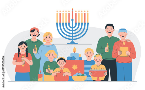 Joyful hanukkah celebration family gathering lighting menorah gifts and dreidels traditional jewish holiday festive scene