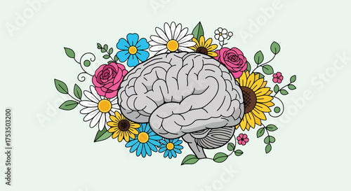 Flat style illustration of a human brain blooming with flowers, symbolizing positive mental health, mindfulness, creativity, growth, and emotional well-being