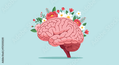 Flat style illustration of a human brain blooming with flowers, symbolizing positive mental health, mindfulness, creativity, growth, and emotional well-being