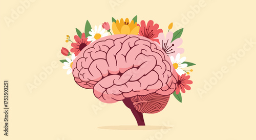 Flat style illustration of a human brain blooming with flowers, symbolizing positive mental health, mindfulness, creativity, growth, and emotional well-being