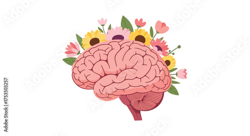 Flat style illustration of a human brain blooming with flowers, symbolizing positive mental health, mindfulness, creativity, growth, and emotional well-being