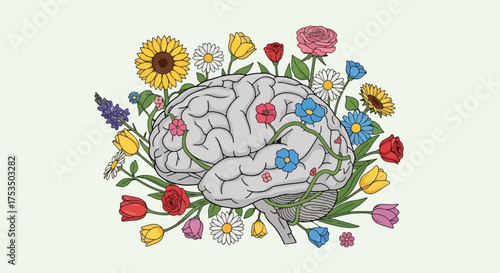 Flat style illustration of a human brain blooming with flowers, symbolizing positive mental health, mindfulness, creativity, growth, and emotional well-being