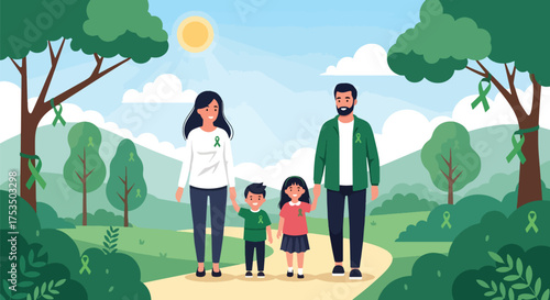 Flat style illustration of a family walking in nature wearing green awareness ribbons, symbolizing mental health support, unity, hope, and the importance of well-being and community