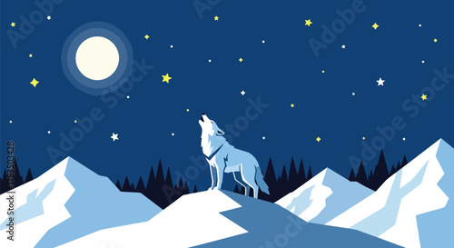Vector art of a lone wolf howling at the full moon on a snowy mountain under a starry night sky, symbolizing wilderness, strength, freedom, and the beauty of nature