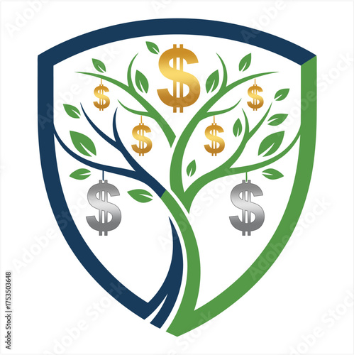 Financial Growth Shield Logo Money Tree Investment and Security Icon