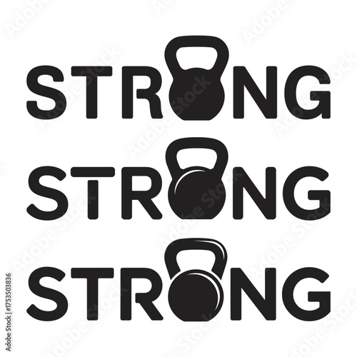 Black and white illustration of the word strong with kettlebell weights, vector illustration