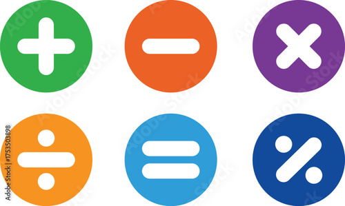 Colorful Vector Math Symbols Icon Set: Plus, Minus, Multiply, Divide, Equal, and Percent