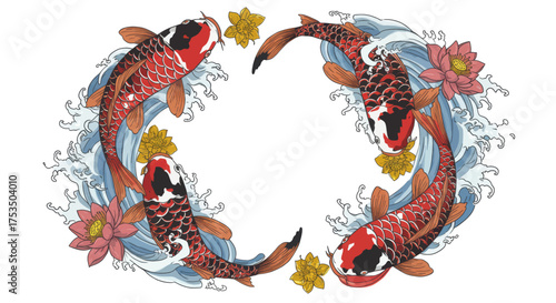 Elegant Japanese Koi Fish Swimming in a Circle with Lotus Flowers, Symbolizing Good Fortune and Harmony