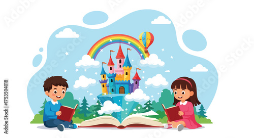 Flat style illustration of two children imagining a magical castle, rainbow, and hot air balloon emerging from an open book, symbolizing creativity, storytelling, and the power of imagination