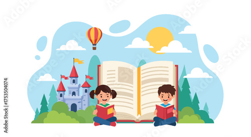 Flat style illustration of two children imagining a magical castle, rainbow, and hot air balloon emerging from an open book, symbolizing creativity, storytelling, and the power of imagination