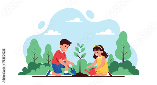 Flat style illustration of two children planting a tree together in a park, symbolizing environmental care, teamwork, sustainability, and the importance of nature and growth education