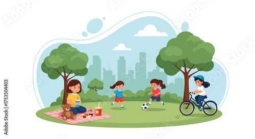 Flat style illustration of children enjoying outdoor activities in a city park, playing soccer, cycling, and having a picnic, symbolizing friendship, health, and active lifestyle