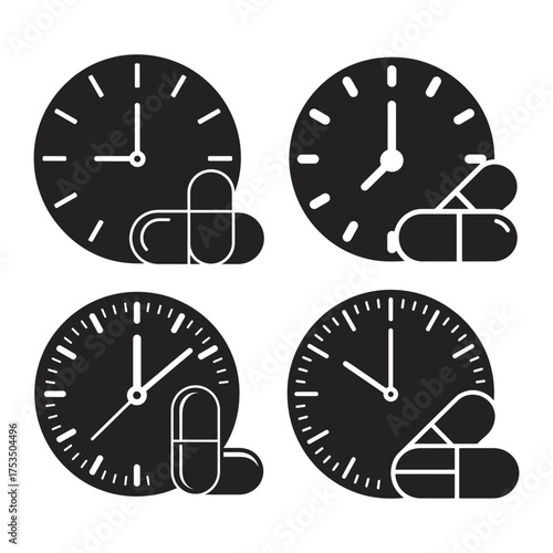 Time for medication reminder concept clock with pill symbols black shapes, vector illustration