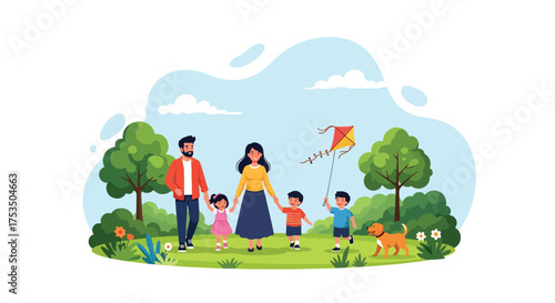 Flat style illustration of a happy family walking in the park with children flying a kite and a dog, symbolizing love, togetherness, outdoor fun, and healthy family lifestyle