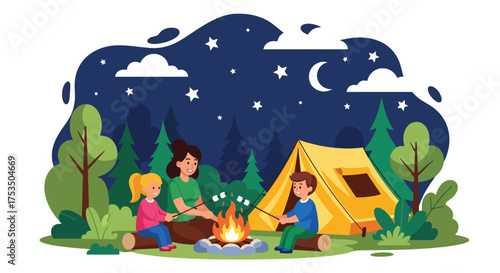 Flat style illustration of a family camping at night, roasting marshmallows by a campfire near a tent under the stars, symbolizing adventure, bonding, and outdoor recreation
