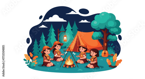 Flat style illustration of happy scouts camping in the forest, roasting marshmallows by a campfire near a tent, symbolizing teamwork, adventure, friendship, and outdoor learning